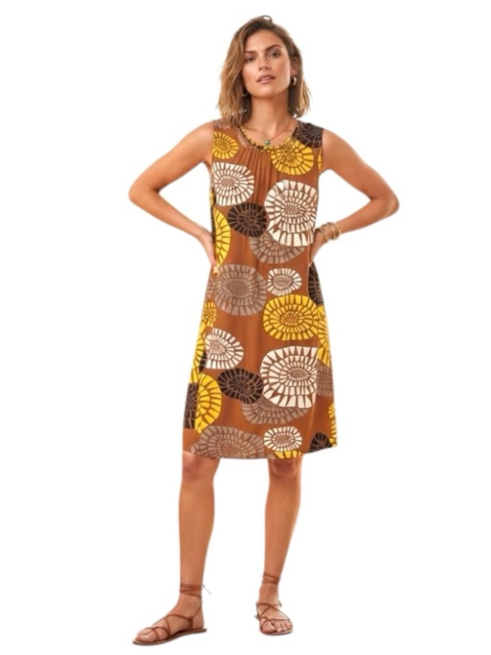 Audrey Mai Sleeveless Floral Dress Brown Yellow Sz 8 Earth Tone Breeze Pull On